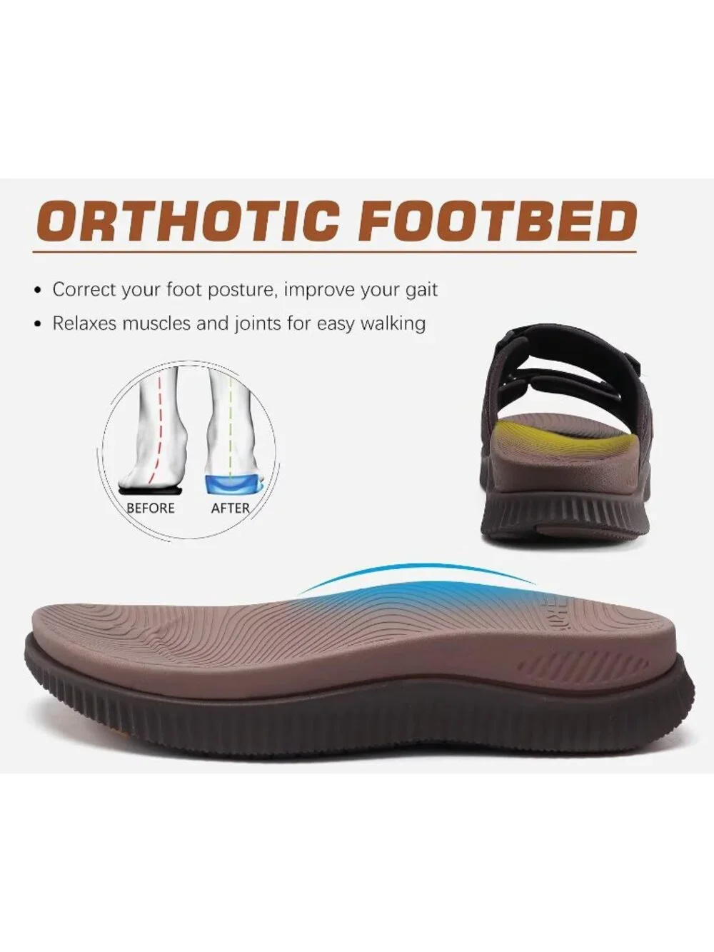 Men's Brown Athletic Thick Cushion Recovery Sport Slides Orthotic Sandal Shoes